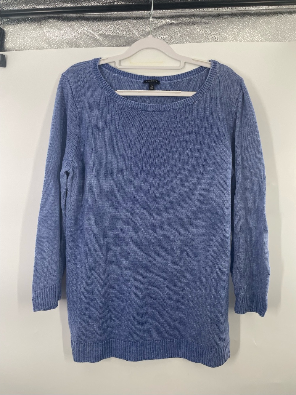 Talbots 100% Linen Periwinkle Scoop Boat Neck Knit Sweater 3/4 Sleeves